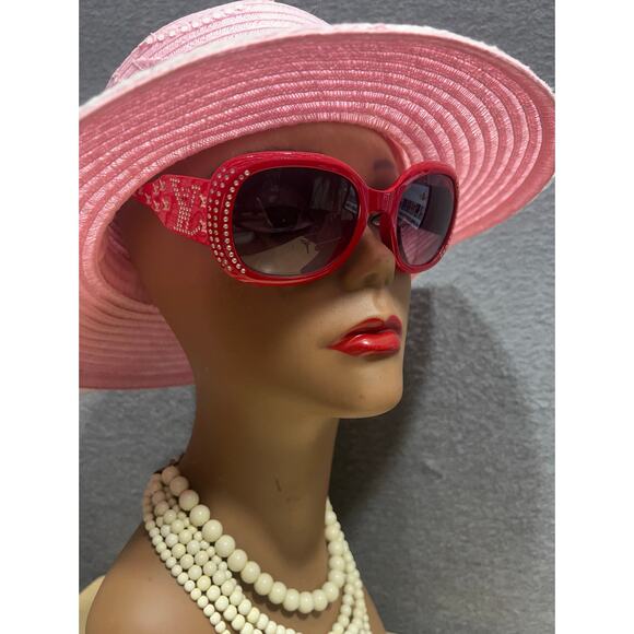 Fashion Women Retro Rhinestone With LV Initials Sunglasses Red - Picture 2 of 10